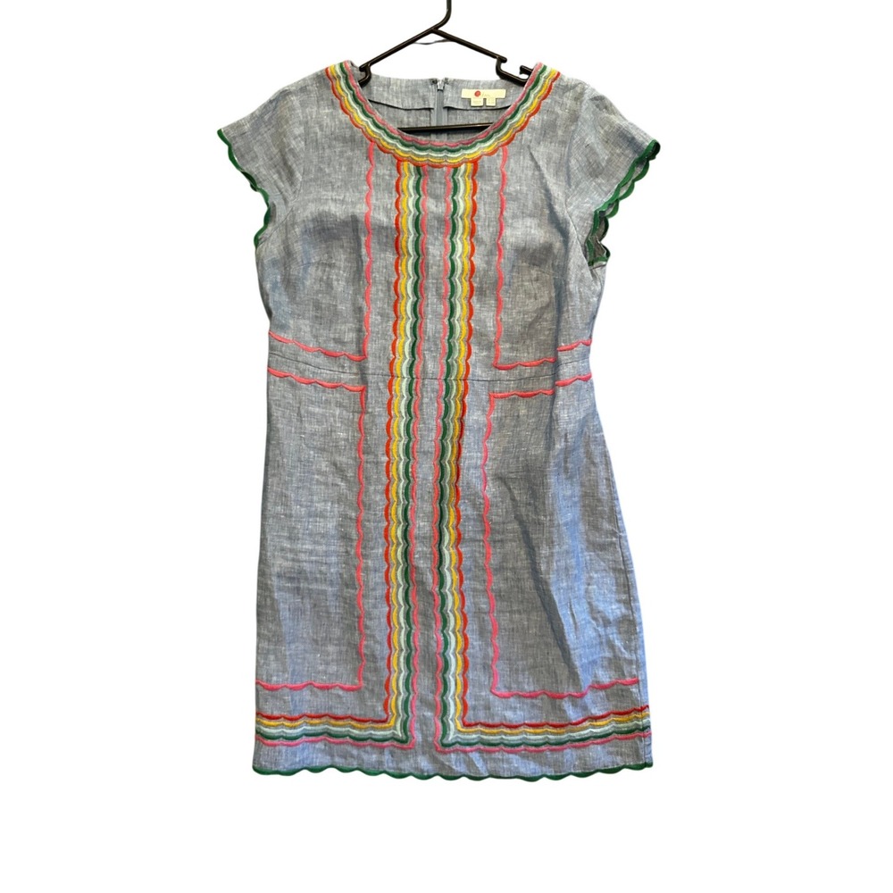 Boden Laura Linen Embroidered BLUE Scallop Shift Dress US 12 - Picture 2 of 4